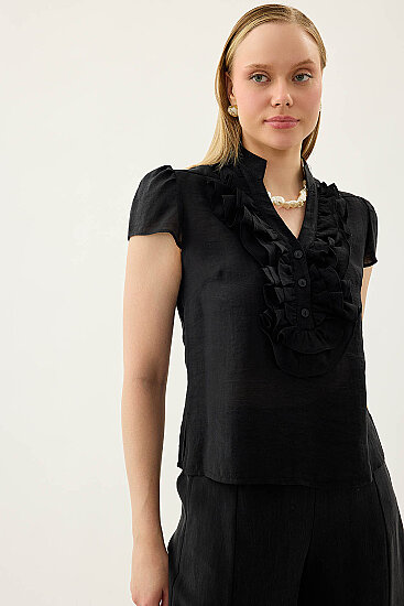 Hakim Yaka Önü Fırfırlı Kısa Kol Bluz - 23