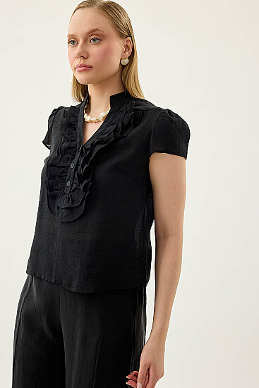 Hakim Yaka Önü Fırfırlı Kısa Kol Bluz - 25