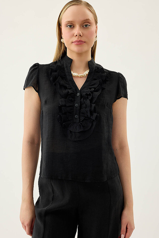 Hakim Yaka Önü Fırfırlı Kısa Kol Bluz - 21