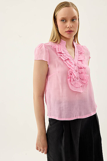 Hakim Yaka Önü Fırfırlı Kısa Kol Bluz - 28