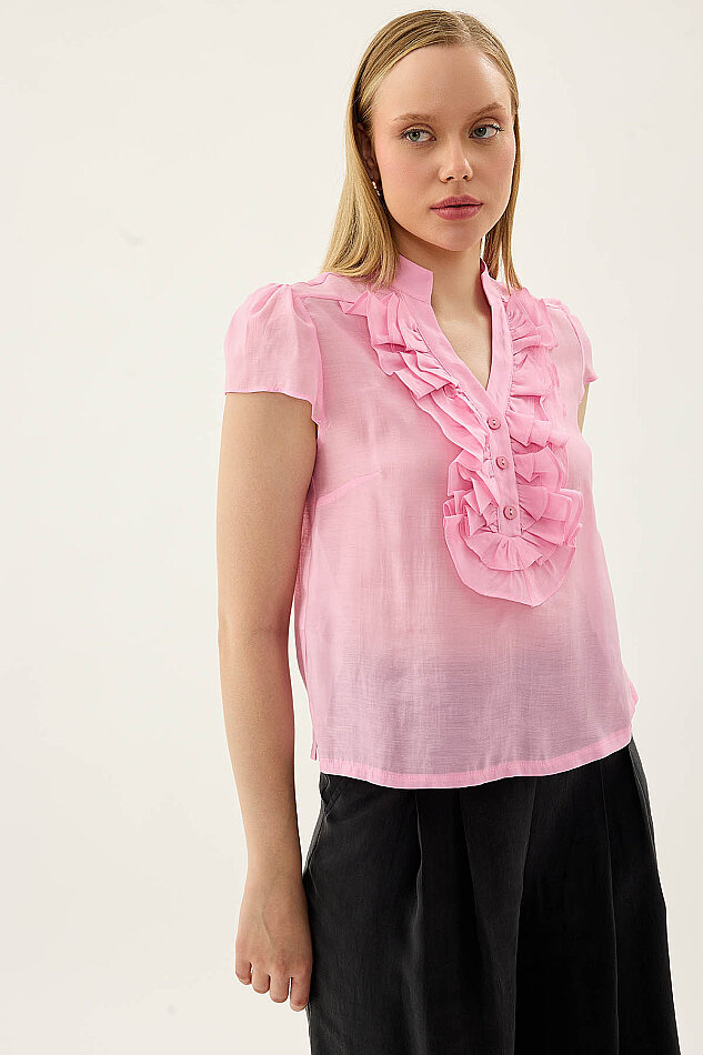 Hakim Yaka Önü Fırfırlı Kısa Kol Bluz - 28