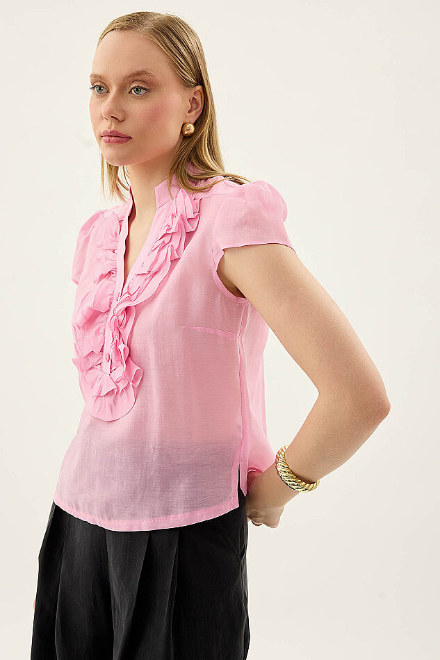 Hakim Yaka Önü Fırfırlı Kısa Kol Bluz - 32