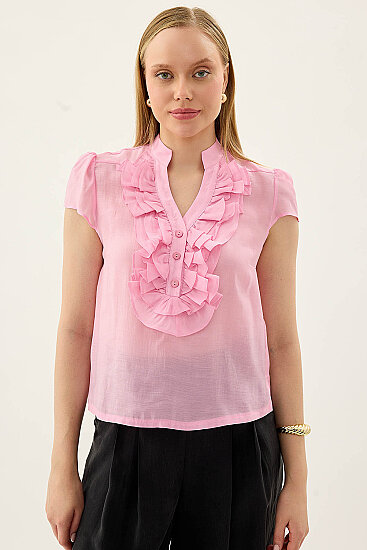 Hakim Yaka Önü Fırfırlı Kısa Kol Bluz - 27