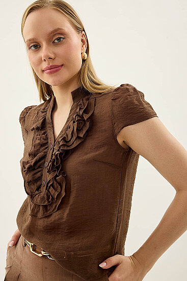 Hakim Yaka Önü Fırfırlı Kısa Kol Bluz - 34