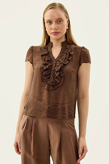 Hakim Yaka Önü Fırfırlı Kısa Kol Bluz - 37