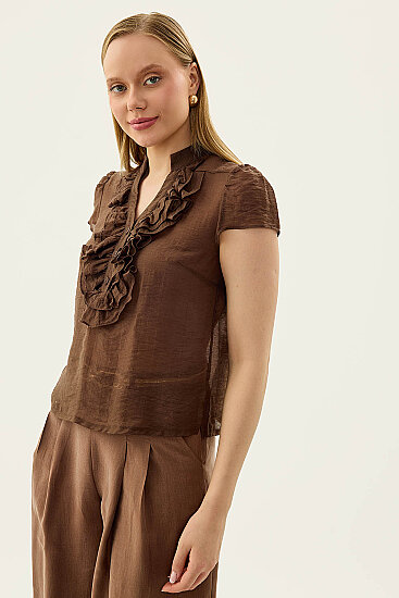 Hakim Yaka Önü Fırfırlı Kısa Kol Bluz - 38