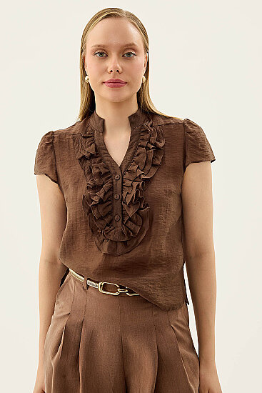 Hakim Yaka Önü Fırfırlı Kısa Kol Bluz - 33