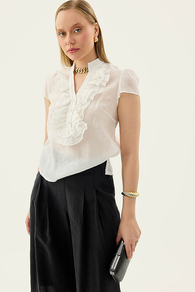 Hakim Yaka Önü Fırfırlı Kısa Kol Bluz - 41