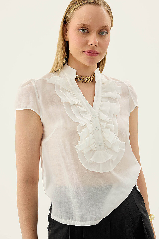 Hakim Yaka Önü Fırfırlı Kısa Kol Bluz - 42