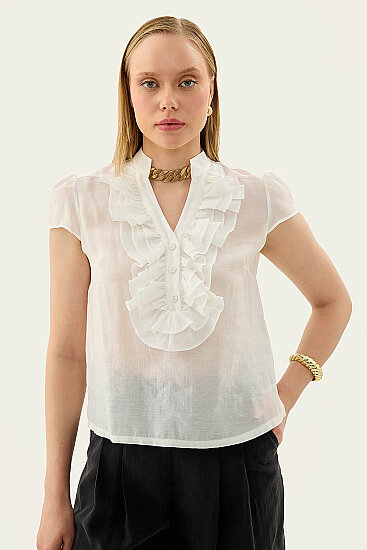 Hakim Yaka Önü Fırfırlı Kısa Kol Bluz - 44