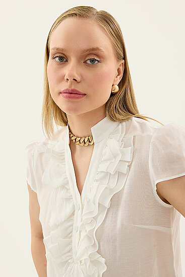 Hakim Yaka Önü Fırfırlı Kısa Kol Bluz - 45