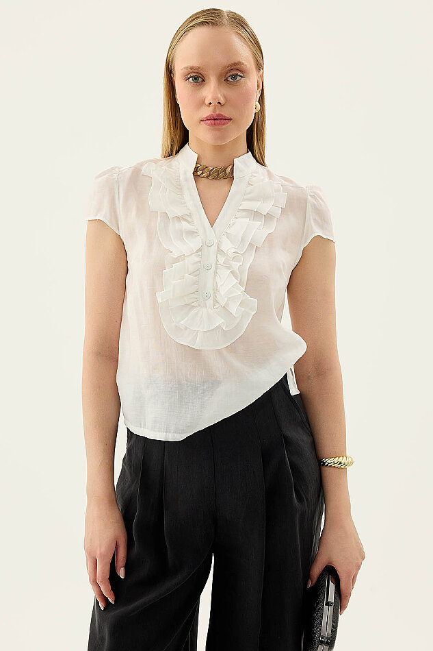 Hakim Yaka Önü Fırfırlı Kısa Kol Bluz - 40