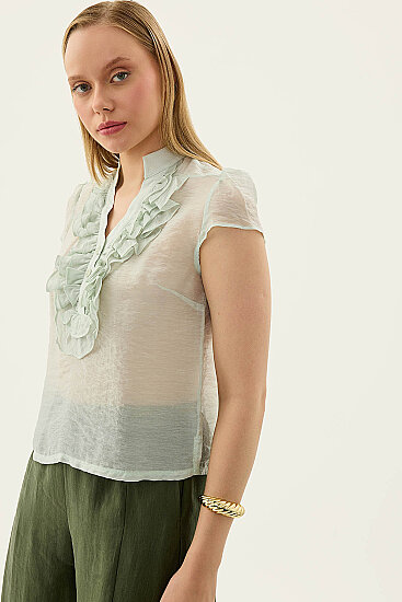 Hakim Yaka Önü Fırfırlı Kısa Kol Bluz - 47