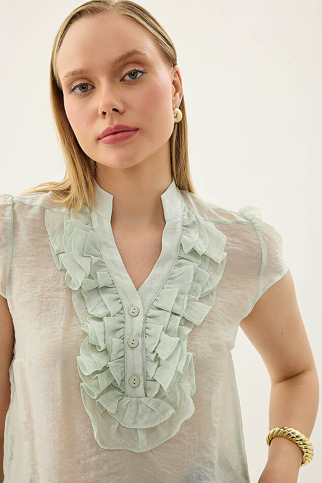 Hakim Yaka Önü Fırfırlı Kısa Kol Bluz - 48