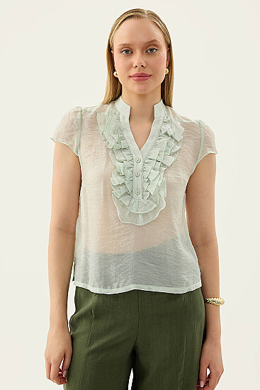 Hakim Yaka Önü Fırfırlı Kısa Kol Bluz - 50