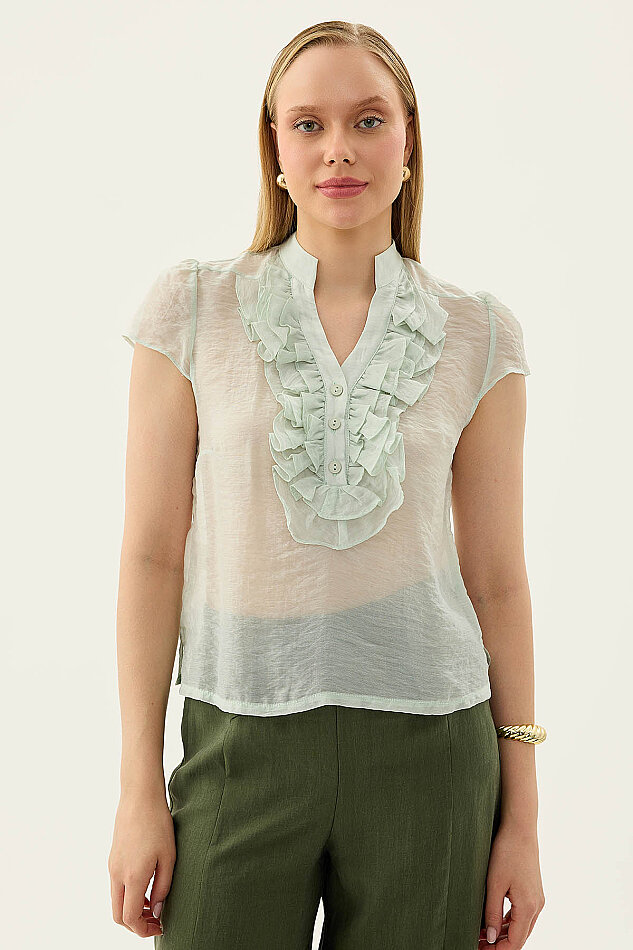 Hakim Yaka Önü Fırfırlı Kısa Kol Bluz - 50