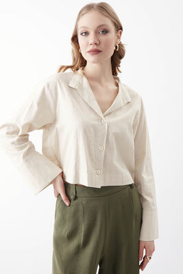 Düğmeli Viskon Keten Crop Gömlek