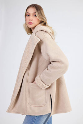 İçi Kürklü Büyük Yakalı Cepli Ceket - Thumbnail (3)