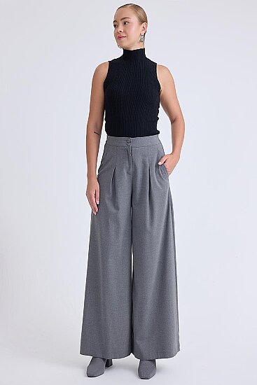 İki Düğme Beli Lastikli Pileli Pantolon - 3