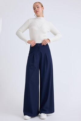 İki Düğme Beli Lastikli Pileli Pantolon - Thumbnail (6)