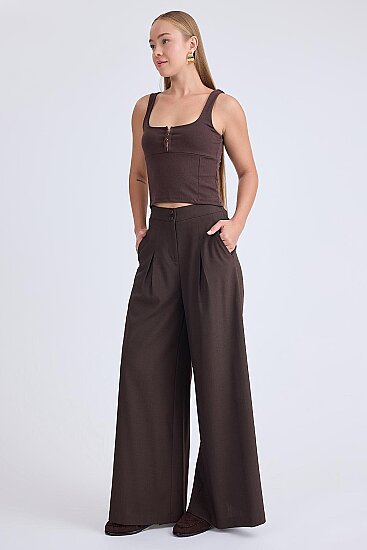 İki Düğme Beli Lastikli Pileli Pantolon - 11