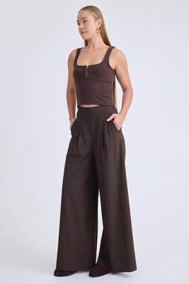 İki Düğme Beli Lastikli Pileli Pantolon - Thumbnail (10)