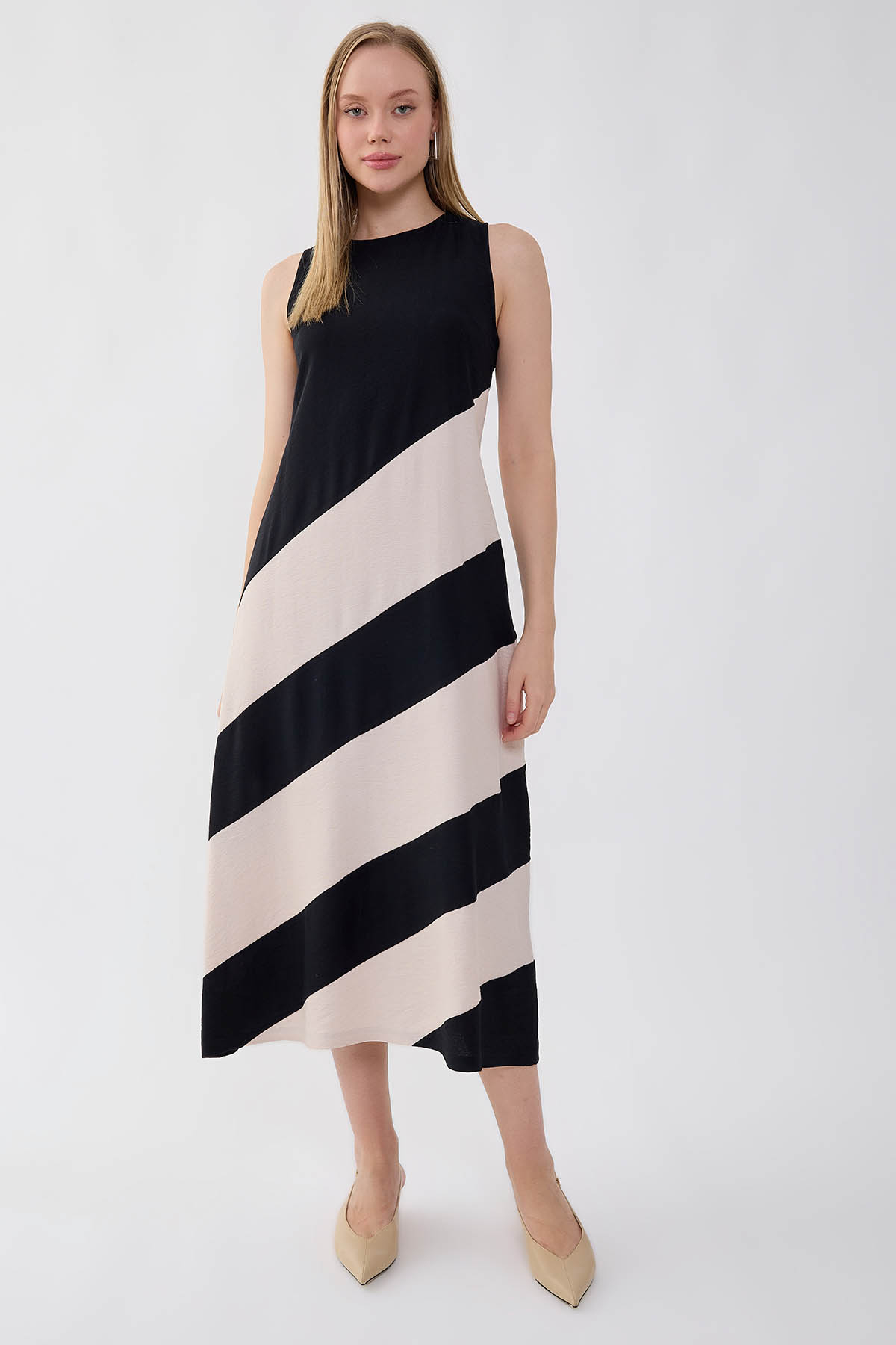 VİTRİN - İki Renk Sıfır Kol Elbise