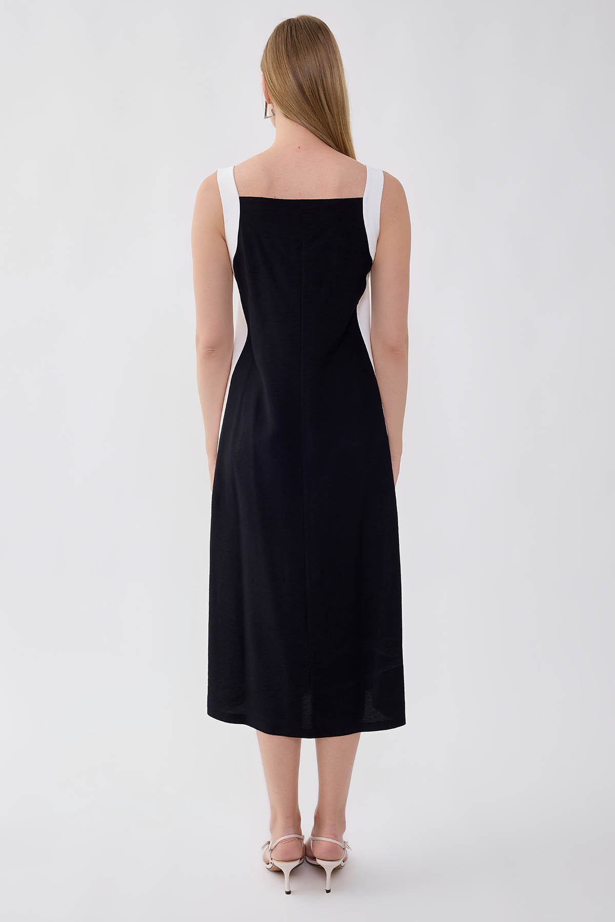 İki Renk V Yaka Elbise - Thumbnail