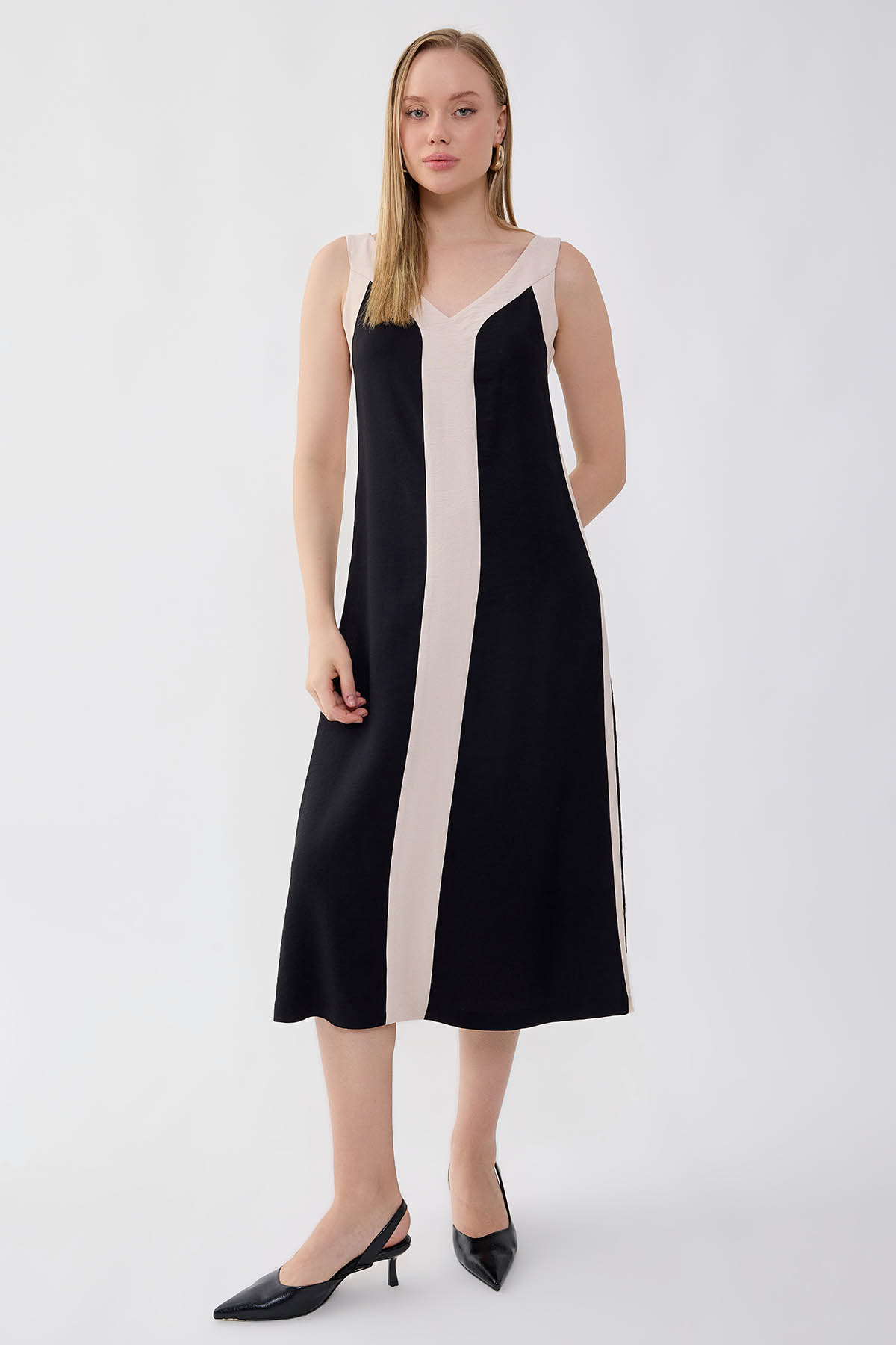 İki Renk V Yaka Elbise - Thumbnail