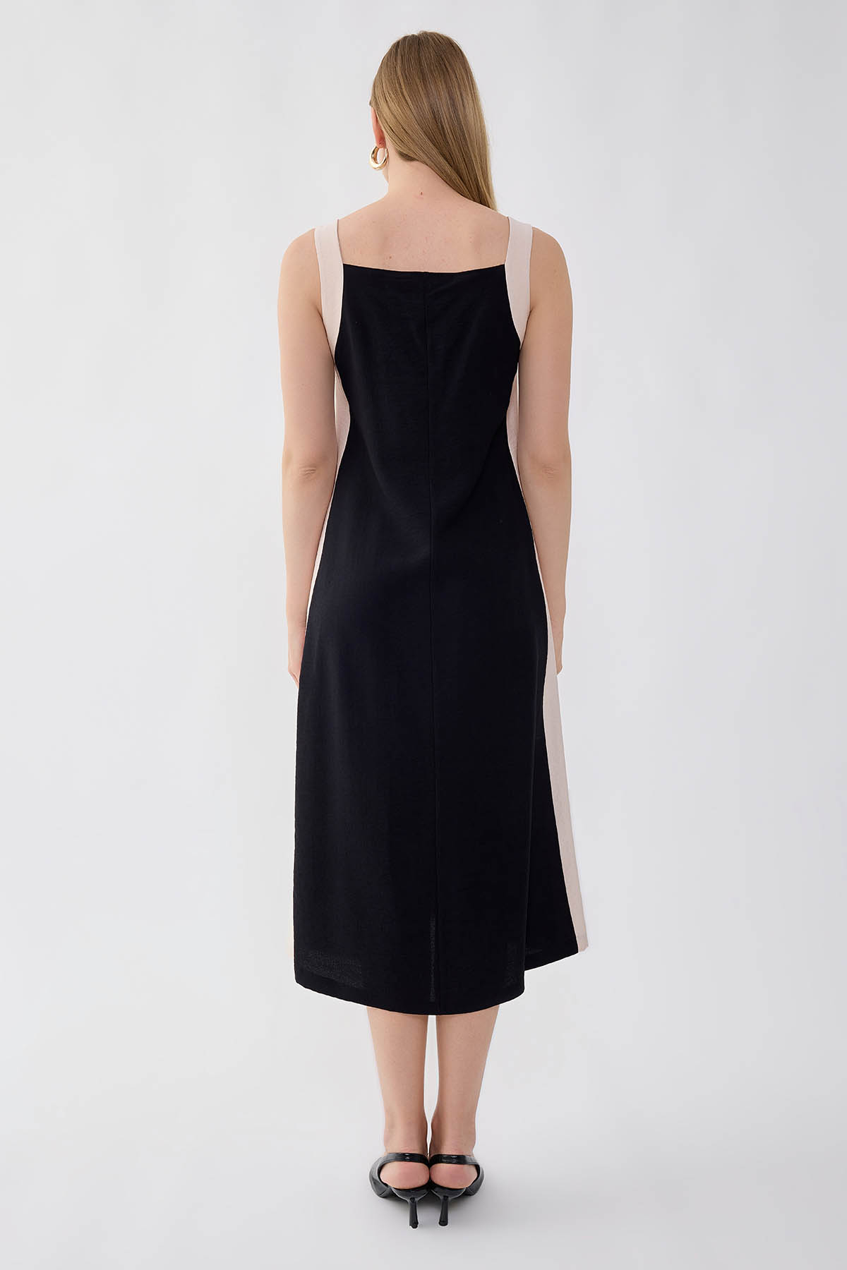 İki Renk V Yaka Elbise - Thumbnail