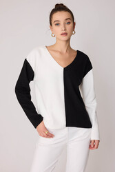 İki Renk V Yaka Triko Bluz - 1