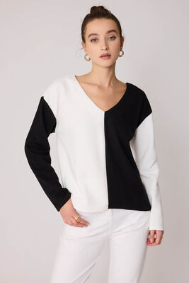 İki Renk V Yaka Triko Bluz - 1