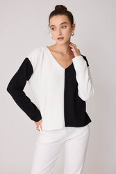 İki Renk V Yaka Triko Bluz - 3