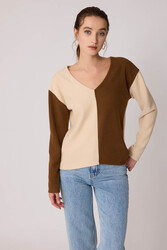 İki Renk V Yaka Triko Bluz - 5