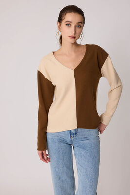 İki Renk V Yaka Triko Bluz - 5