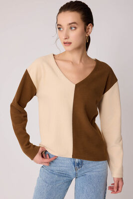 İki Renk V Yaka Triko Bluz - 6