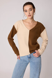 İki Renk V Yaka Triko Bluz - 7