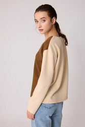 İki Renk V Yaka Triko Bluz - 8