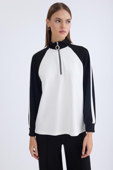 İki Renk Yarım Fermuarlı Uzun Kol Sweat - 1