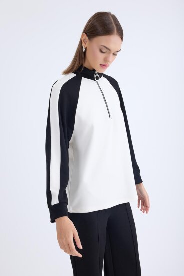 İki Renk Yarım Fermuarlı Uzun Kol Sweat - 3