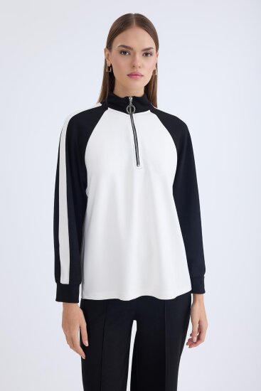 İki Renk Yarım Fermuarlı Uzun Kol Sweat - 7