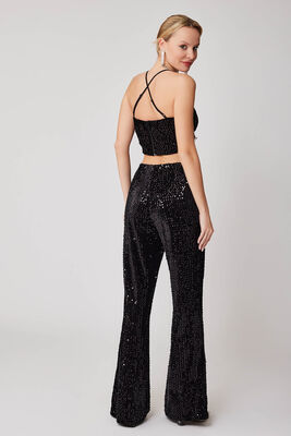 İspanyol Paça Yüksek Bel Pullu Pantolon - Thumbnail (3)