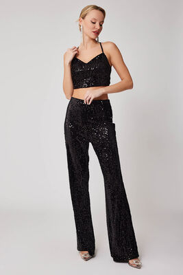 İspanyol Paça Yüksek Bel Pullu Pantolon - Thumbnail (4)