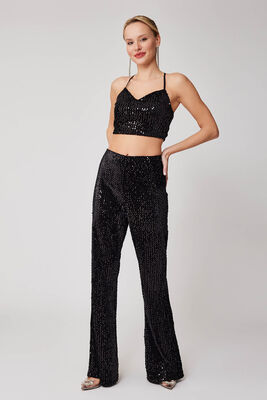 İspanyol Paça Yüksek Bel Pullu Pantolon - Thumbnail (7)