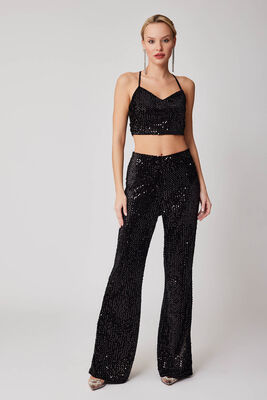 İspanyol Paça Yüksek Bel Pullu Pantolon - Thumbnail (2)