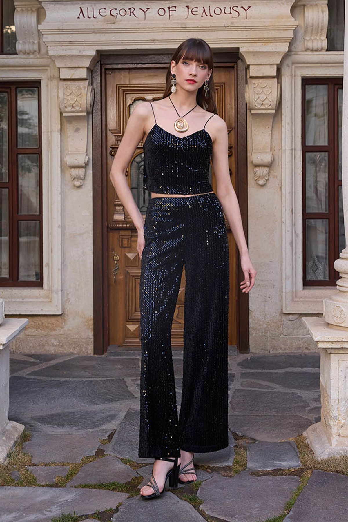 VİTRİN - İspanyol Paça Yüksek Bel Pullu Pantolon (1)