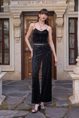 VİTRİN - İspanyol Paça Yüksek Bel Pullu Pantolon (1)