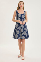 Kalın Askılı Desenli Pileli Mini Elbise - 16