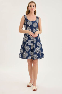 Kalın Askılı Desenli Pileli Mini Elbise - 16