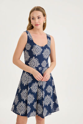 Kalın Askılı Desenli Pileli Mini Elbise - 20